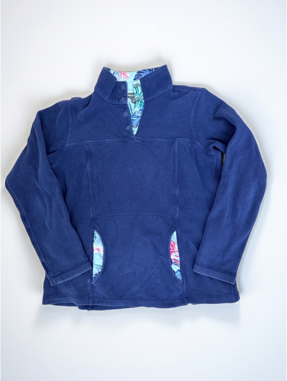 Tommy Bahama Coastal Grandmother Snap Fleece Pullover Tropical Trim Navy Blue S